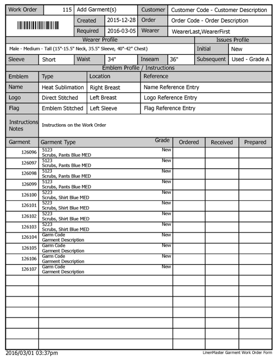 Garment Work Order Examples