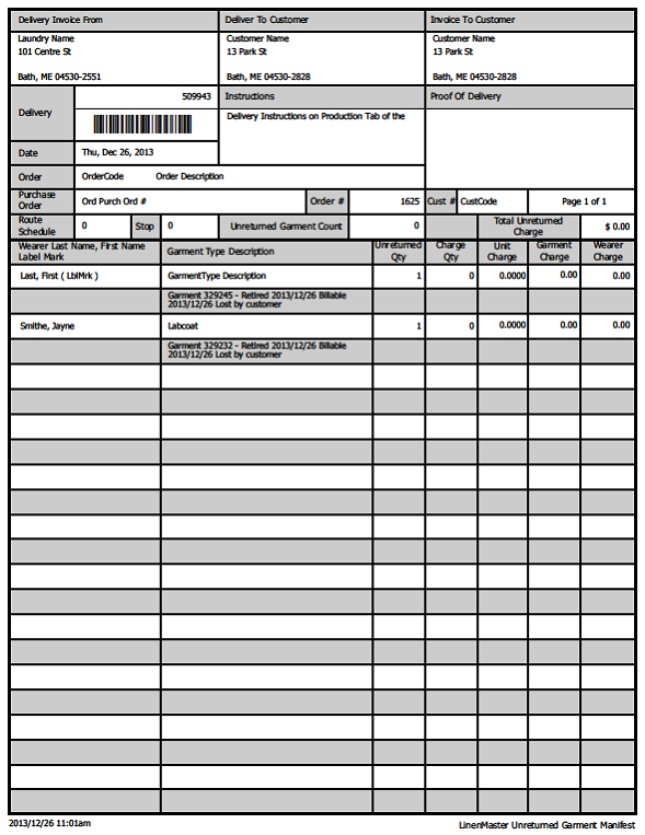 Unreturned garment manifest examples
